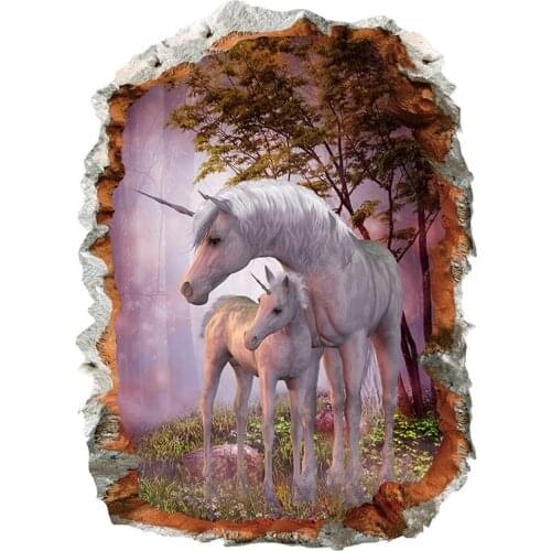 Unicorn Horse Forset Wall Stickers Creative 3d Break The Wall Effect Picture Setting Sticker Decorative Kids Room Decor