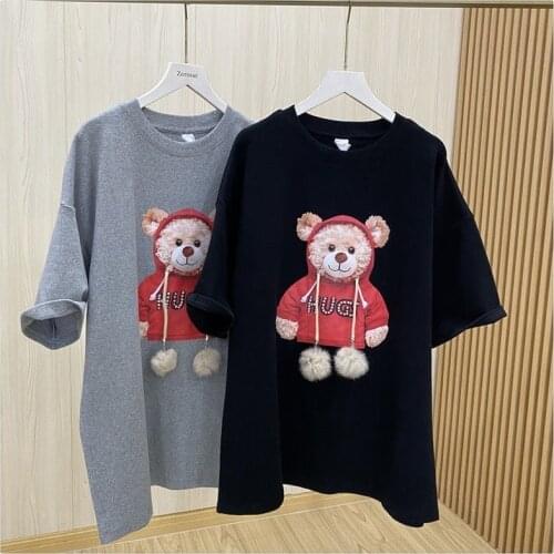 Harajuku Fur Ball with Rope Tshirt Women Cotton Short Sleeve O-Neck Shirts Kawaii Cute Bear Letter Beaded Tee Graphic T Shirts