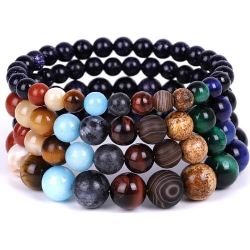 Galaxy Eight Planets Chakras Blue Sandstone Strand Bracelet Buddha Yoga Strench Women Men Jewelry 6 8 10mm