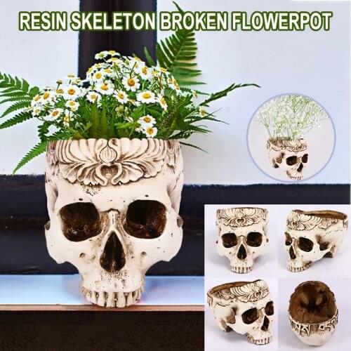 Garden Simulation Skull Planter Statue with Floral Carving Decorative Scary Resin Storage Holder Decor for Bonsai Garden JDH88