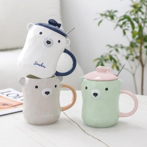 350ml 3Dbear Mug with Spoon lid, Creative coffee mugs Spoon Ceramic Cup New Breakfast mugs Coffee Cup