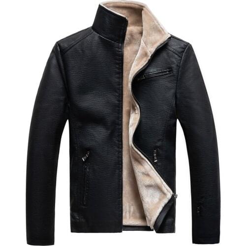 2020 New Mens PU Leather Jackets Men Stand Collar Coats Mens Motorcycle Leather Thick Fleece Jacket Casual Slim Brand Clothing