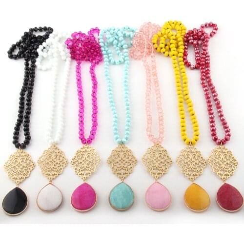 Fashion Bohemian Jewelry Glass Crystal Long Knotted Metall Grid Link Stone Drop Pendant Necklaces For Women Necklace