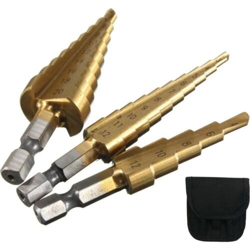 Julydream 3PC Step Drill Bit Set Titanium Hss Stepped Down Drill 1/4"Metric 4-12mm 4-20mm 3-12mm Hex Shank Quick Release Dremel