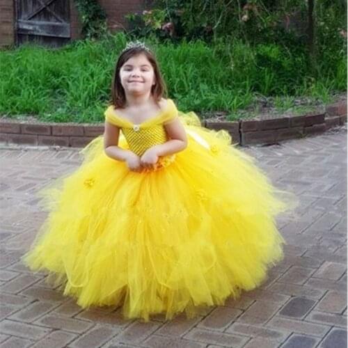 New Girls Yellow Princess Tutu Dress Kids Crochet Flower Tail Dress Ball Gown with Headband Children Wedding Cosplay Party Dress