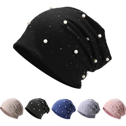 CNTANG Autumn Women Hat Pearl Rhinestones Skullies Beanies Winter Fashion Brand Cap For Female Casual Polyester Hats Bonnet
