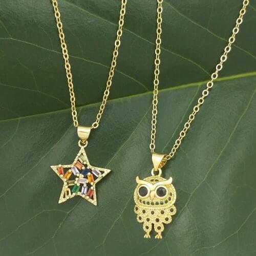 Zircon Owl Necklace For Women Girls Long Necklaces Fashion Jewelry Christmas Gift Gold Filled Hollow Star Pendant Necklace Cute