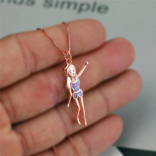 Cute Girl Bride Pendant Necklace Dainty Female Purple Fire Opal Wedding Necklace Charm Rose Gold Color Chain Necklaces For Women