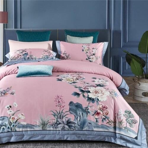 Pink Long-staple Cotton Bedding Set Chinese classical style Bed Set flowers Duvet Cover/sheet/pillowcase Queen/King Size Bed