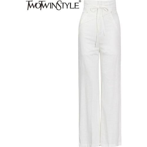 TWOTWINSTYLE White Lace Up Casual Pant For Women High Waist Minimalist Solid Elastic Loose Pants Female 2021 Fashion New Clothes