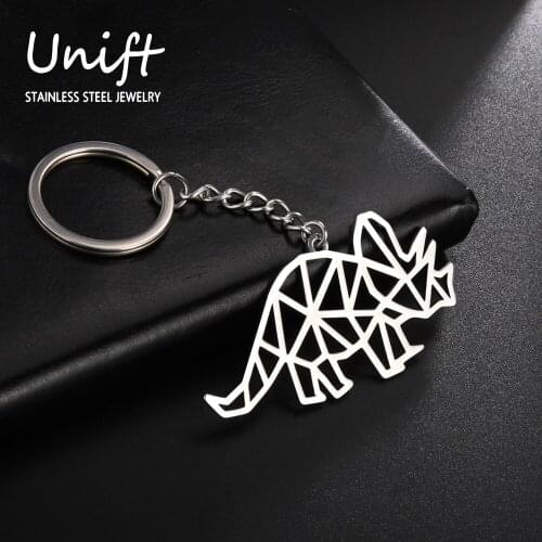 Unift Fashion Dinosaur Keychain Animal Key Chains Geometric Tyrannosaurus Triceratops Brontosaurus Velociraptor Key Ring Gifts