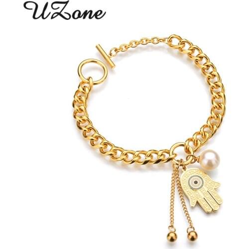 UZone 2017 New Design Link Bracelets Stainless Steel Hamsa Hand Bracelets Evil eye Amulet Bracelets Religious Christian Gift