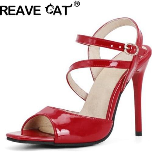REAVE CAT New 2021 Women Sandals Open Toe 11cm Thin Heels Patent Leather Buckle Sexy Stylish Simple Big Size 48 Party A3928