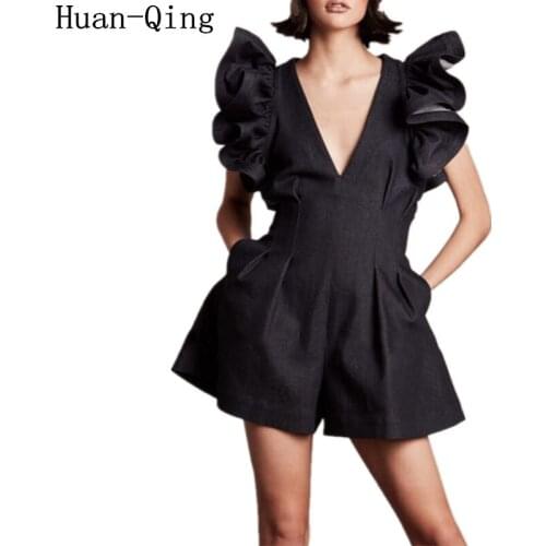 Runway Black Denim Jumpsuits Womens V-Neck Ruffle Sleeve High Waist Short Pants Female Summer Streetwear Fashion Tide Playsuits