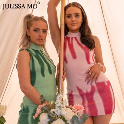 JULISSA MO New Sleeveless Knitted Lace Up Mini Dresses for Women Fashion Printed Sexy Bodycon Dress Femme Y2k Party Vestido 2021