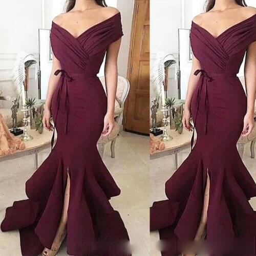 Sexy Custom Made Long V Neck Off The Shoulder Burgundy Mermaid Women Prom Dress Evening Dresses