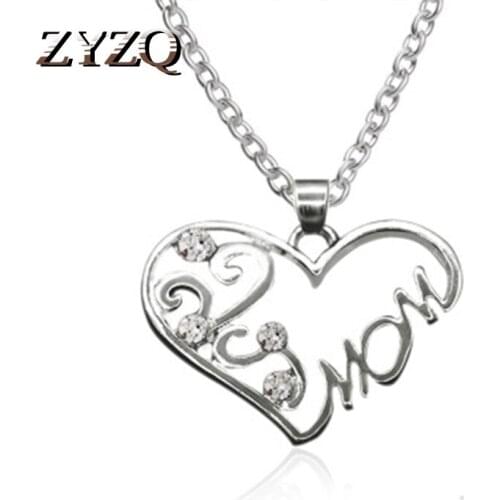 ZYZQ Hollow Out Heart Necklace With Letter Mom Insert Tiny Clear Stone Setting Mothers Day Gift Dropshipping Wholesale Lots