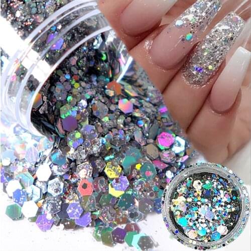 1Box Nail Mermaid Glitter Flakes Sparkly Holographic Mix Laser Hexagon Colorful Sequins Spangles Polish Manicure Nails Art Decor