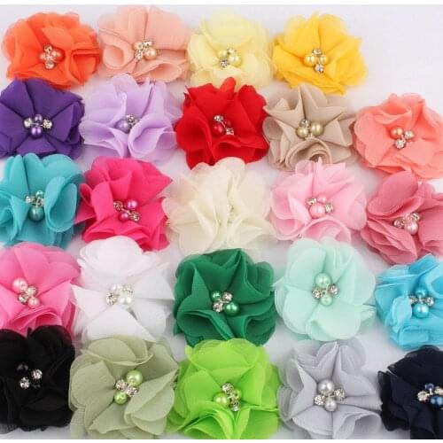 50PCS 2" 35 Colors Cute Chic Chiffon Flowers With Rhinestone Pearl Fabric Hair Flower With Clips For Girls Hair Accessories