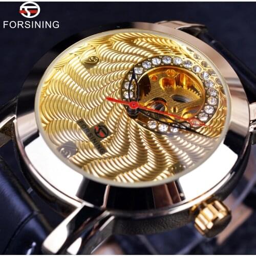 Forsining Golden Luxury Corrugated Designer Diamond Display Mens Watches Top Brand Luxury Automatic Small Dial Skeleton Watches