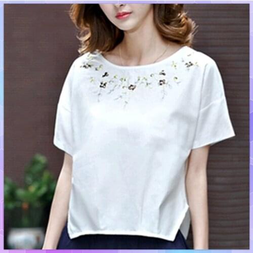 Elegant Womens Tee Shirt Embroidered Cotton And Linen T-shirt Summer Casual Solid Loose Tshirt Plus Size White Top Female