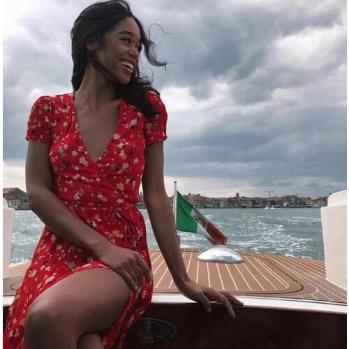 Elfbop Ladies Silk 100% Red Floral Print V Neck Short Sleeve Midi Dress Features With Wasit Ties