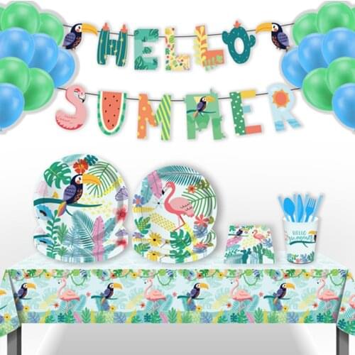 Hawaiian Party Decorations Palm Leaves Bunting Banner Luau Flamingo Summer Tropical Party Decoration Jungle Safari Party Ballons