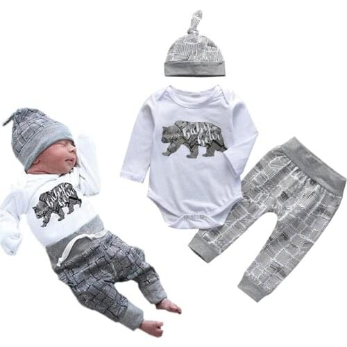 Newborn Baby Boy Clothes Baby Bear Letter Print Long Sleeve Romper+Pants+Hat Infant Clothing 3Pcs Toddler Outfits Set