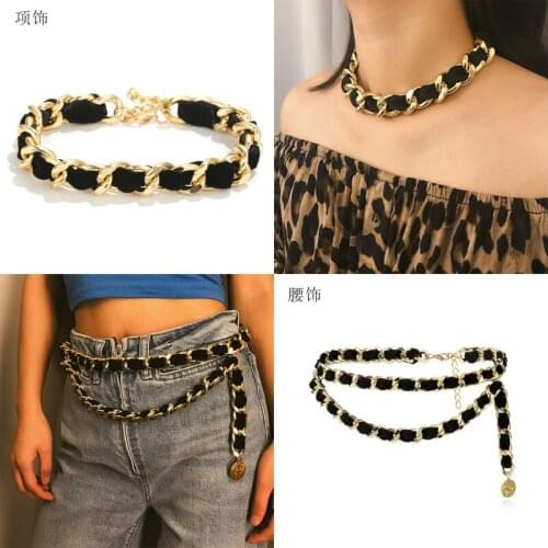 Fashion high quality punk metal chain flannelette necklace, retro sexy black ribbon braided choker, womens fashion accessories