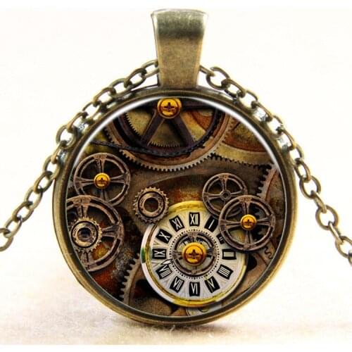 Newest 2017 Hot Fashion Glass Cabochon Bronze Chain Steampunk Mechanical Gear Pendant Necklace For Women Men