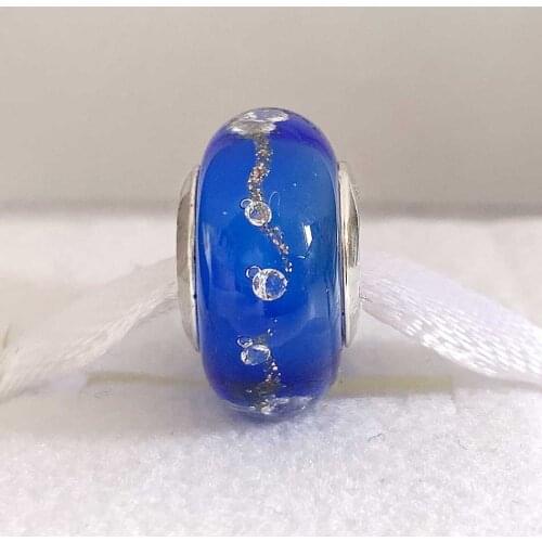 Original Blue Effervescence Gold Sparkle Lampwork Murano Glass Bead Fit 925 Sterling Silver Charm Bracelet DIY Jewelry