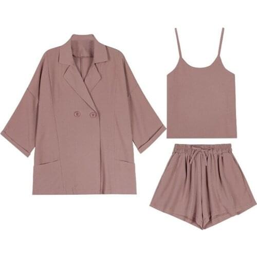 Summer Woman Fashion Temperament Loose Three-quarter Sleeve Blazer and Camisole and Casual Shorts Womens Suit Free Shipping