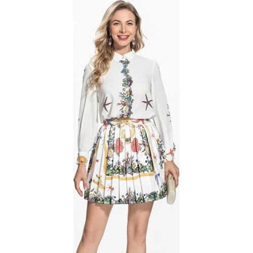 2021 Summer White Long Sleeve Shirt Loose Print Temperament Commuter Girls Shirt Short Pleated Skirt Half Skirt Two Piece