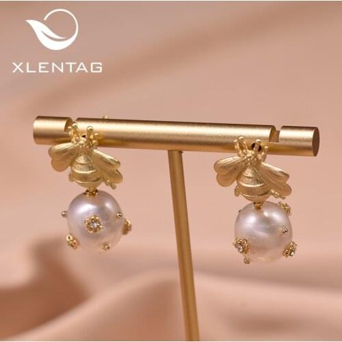 Xlentag Natural Freshwater Big Pearl Drop Earrings For Women Wedding Engagement Bee Dangle Earrings Fine Jewelry Brincos GE0665B