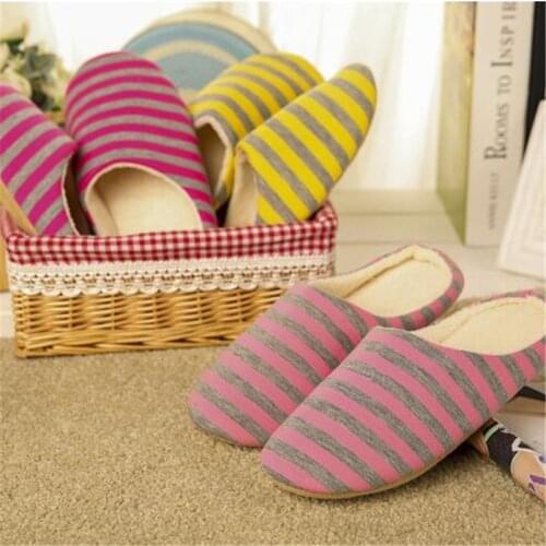 Women Striped Indoor Slippers Unisex Women House Shoes Non-Slip Warm Autumn Winter Cotton Soft Plush Floor Slippers