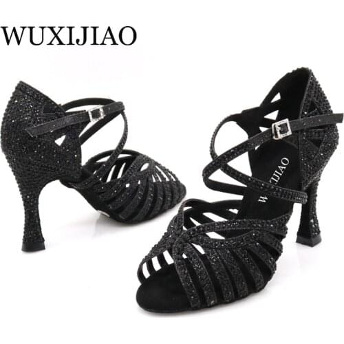 WUXIJIAO Latin dance shoes golden glitter rhinestones womens ballroom dance shoes salsa soft heels