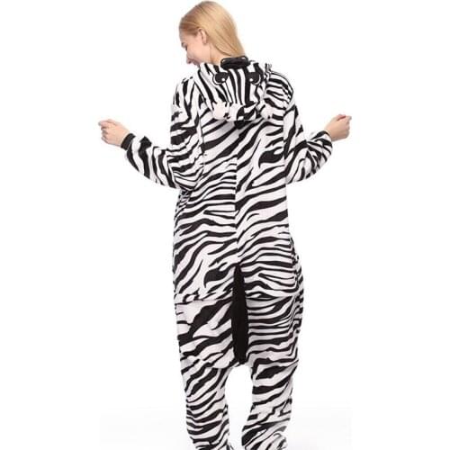Adult Zebra Kigurumi Women Men Cartoon Animal Cosplay Costume Winter Onesie Pajama Hooded Couple Funny Party Suit