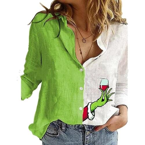 Fashion Green Stitching Wine Glass Print Shirt Autumn Womens Lapel Long Sleeve Office Blouse Elegant Ladies Plus Size Tops 3XL
