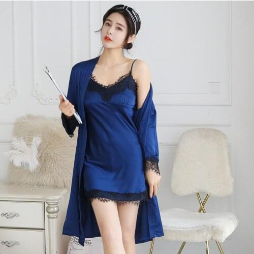 Women sleep sets two-pieces womens robe & gown sets M L XL three size for choosing luxury lingerie sets satin & lace padded bra