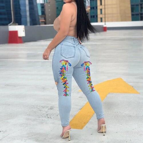 Womens Fashion Jeans Ladies Color Stripe Straps Fashion Sexy Casual Slim Denim Pants High Waist Jeans Trousers Tight Sexy Jeans