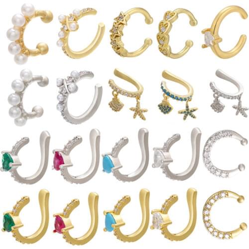 QMHJE 1 Piece Women Earring Cuff Cubic Zirconia Pearls Fake No Piercing Earrings Jewelry Ear Clip Gold Silver Color Aretes Cross