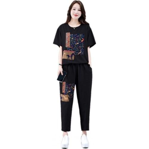 Leisure Fashion Set Womens 2021 Summer New Round Neck Short-Sleeved T-Shirt + Harem Pants Large Size Sportswear Two-Piece Set
