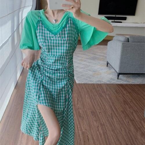 Summer Dresses Sets Harajuku 2 Two Piece Set Women Outfits Short Sleeve Blouses and High Waist Folds Irregular Plaid Strap Dress