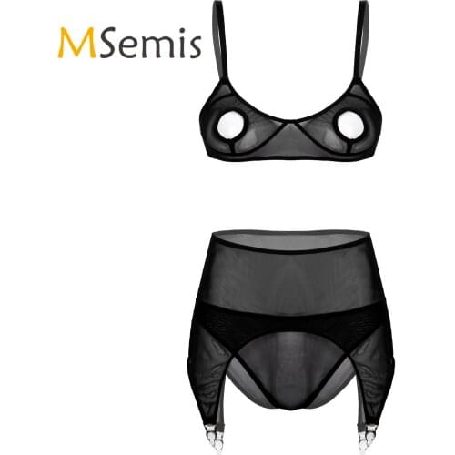 Womens See-through Mesh Erotic Lingerie Set Underwear Sexy Nightwear Hollow Out Unlined Bra with Briefs Garter Belt Sleepwear