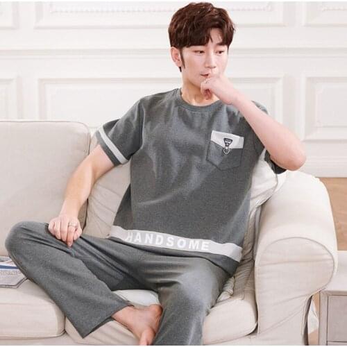 2021 New Summer 100% Cotton Short Sleeve Long Pants Pajama Sets for Men Korean Sleepwear Pyjama Homewear Night Suit Home Clothes