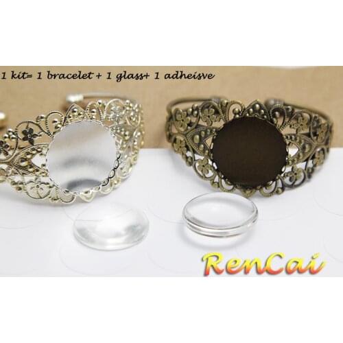 5Kits 25mm Filigree Lace Bracelet Blank Cuff Bangle Blank Cabochon Setting With Matching Bracelet/Double Adhesive/ Glass For DIY