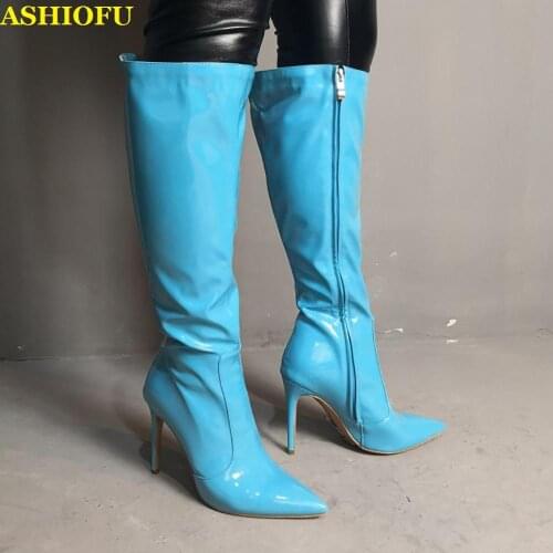 ASHIOFU Real Photos Ladies High Heel Boots Sexy Stripper Club Party Knee Boots Shiney Bright Winter Evening Fashion Boots Shoes