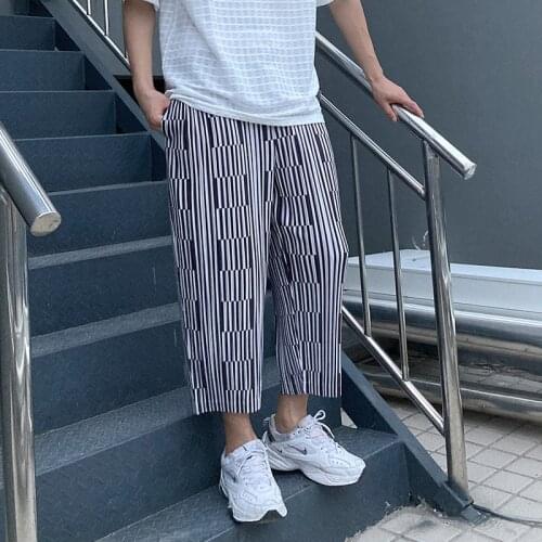 Casual Pants Mens Summer 2021 New Fashion Stripes Stretch Loose Miyake Pleated High Waist Straight Trousers Ankle Length