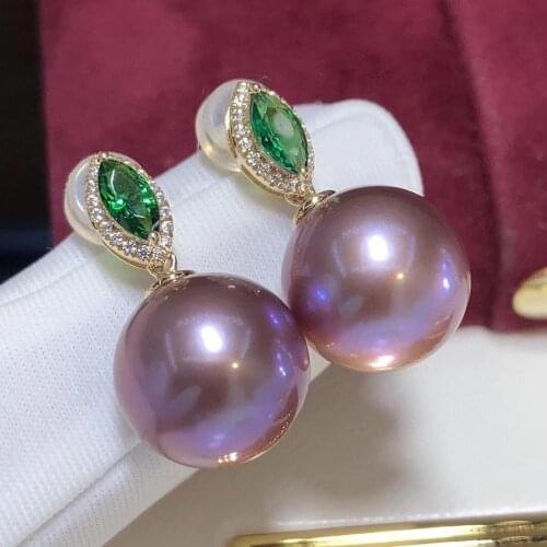 D307 Fine Jewelry Pure 18 K Gold 10-11mm Natural Fresh Water Purple Pearls Earrings for Women Fine Pearl Earrings
