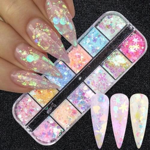 12 Grids Mermaid Symphony Nail Art Sequins Holographic AB Glitter Mix Star Round Heart Flakes Nail Art Polish Decor Tips JITS